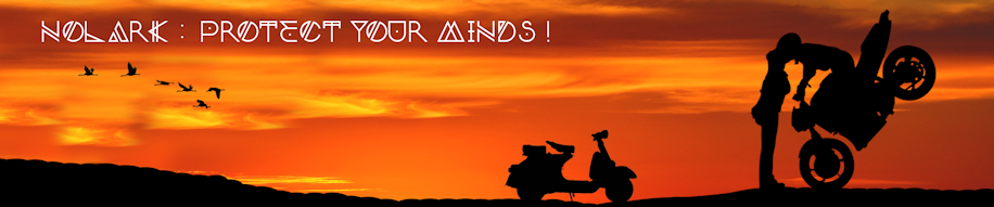 Nolark : Protect your minds ! Cette bannière montre un 
             coucher de soleil avec une femme embrassant un homme réalisant en stoppie sur sa
             moto.